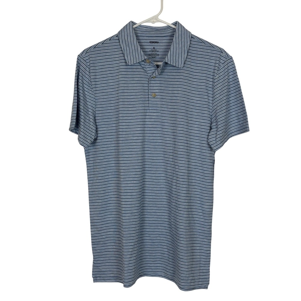 Sonoma Polo Shirt Mens Small Blue Striped Supersoft Stretch Casual Nautical